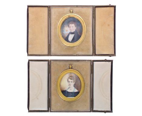 Englis School (19th Century) Portrait of a lady, also a companion, portrait of a gentleman, watercolour on ivory oval, each 3