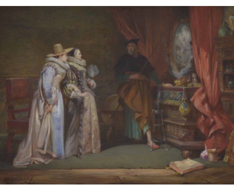 Charles Cattermole (1832-1900) - 'The Magic Mirror', an interior scene with two elegantly dressed Elizabethan ladies with a m