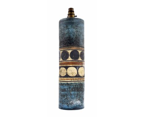 Troika Pottery tall cylinder vase lamp base decorated by Sylvia Valance, monogrammed to base, 17" high