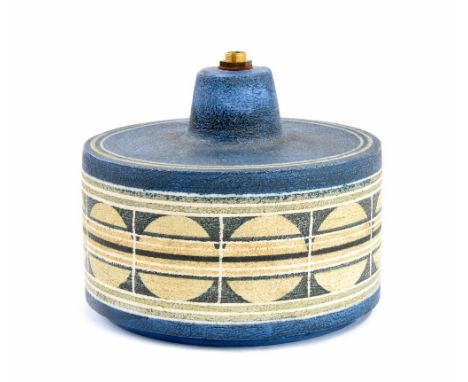 Troika Pottery round drum lamp base decorated by Tina Doubleday, monogrammed and marked Cornwall to base, 5.5" high