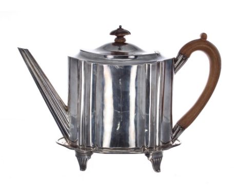 George III silver teapot on stand, with hardwood handle and finial to the hinged lid, maker Henry Chawner, London 1796, 7" hi