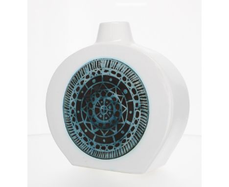 Troika Pottery tin glaze flask, decorated by Anne Lewis, monogram to base, 6.75" high