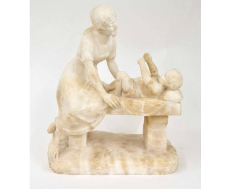 E. Fiaschi (Italian, 1858-1941) - A carved Alabaster figural group of a lady with baby, upon a bench (a.f) 18" high, 14" wide