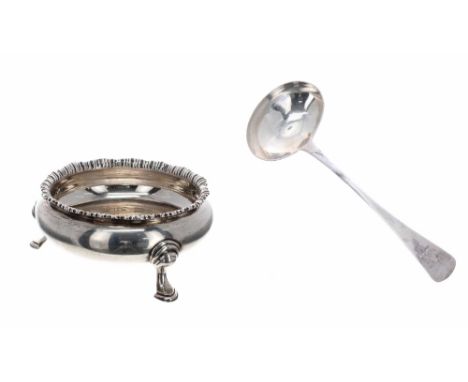 George III silver sauce ladle, maker John Lambe, London 1811, 7" long, together with Edwardian silver salt on raised on hoof 