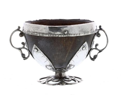 Late 18th Century/early 19th Century silver mounted coconut cup, with applied silver rim, beaded decoration around and twin s