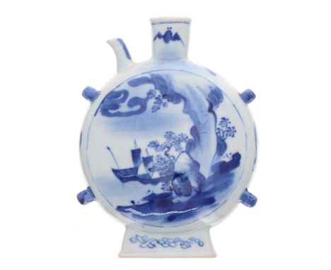 Small Chinese blue and white porcelain moon flask, the neck painted with bats over the circular body with reserves depicting 