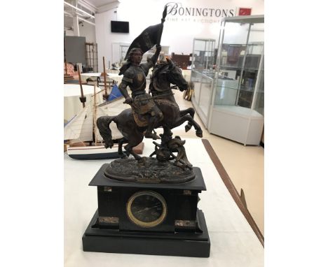A French 19th century slate mantel clock with 'Jeanne d'Arc' in bronzed spelter to the top: 8-day Japy Freres movement