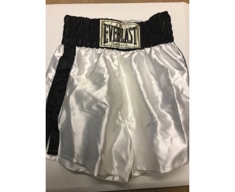 A pair of Everlast boxing trunks signed by Muhammad Ali 'AKA Cassius Clay': rare early signature in his career as he dropped 