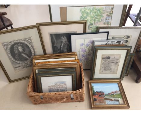 A quantity of pictures of various subjects to include early portrait engravings, landscape watercolour & oil, map of Yorkshir