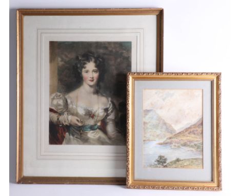 Early 20th century portrait print by Raphael Tuck together with a F.M Minns, 1923 watercolour of a highland river, 28cm x 20c
