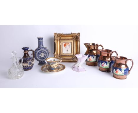 Royal Doulton pottery jug, 3 copper lustre jugs, Worcester bud vase, small portrait in gilt frame etc.