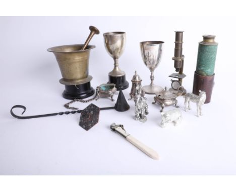 Various items including bone handled cigar cutter, mortar and pestle EP Cutts miniature microscope, telescope, white metal an