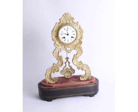 French gilt metal mantle clock with bell strike, enamel dial marked 'Martin Baskett, Paris', on an ebonised and gilt base, la