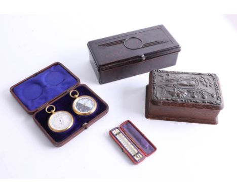 Dring &amp; Fage London, pocket compass set, cased, also an antique temperature gauge, cased.