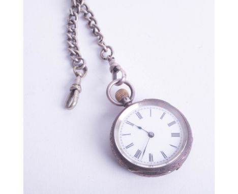 Victorian silver cased fob watch (with keyless Swiss movement) together with a silver guard chain.