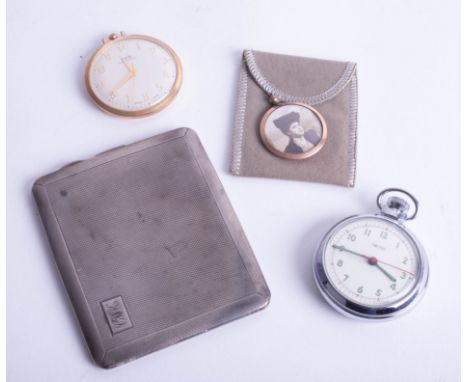 A silver cigarette case, Smiths pocket watch, Oris Art Deco pocket watch and a gold case portrait medallion (4)