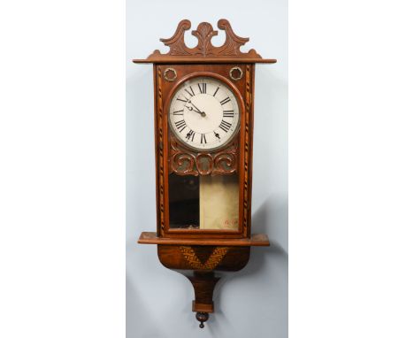 Victorian wall clock with mahogany and parquetry inlaid case, probably American Ansonia with key and pendulum 8 day movement,