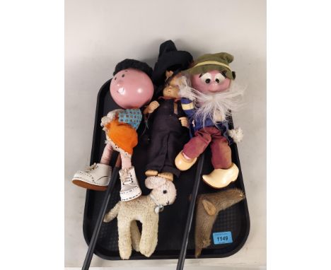 Two vintage Magic Roundabout stick puppet figures plus a Hummel Felix doll and two others