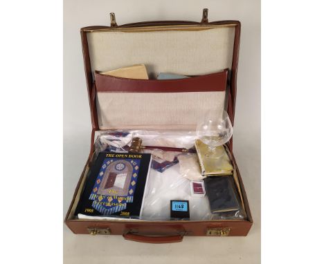 A suitcase of women's Masonic items include regalia, guide books, gavel etc plus a 9ct hallmarked gold Masonic pendant and an