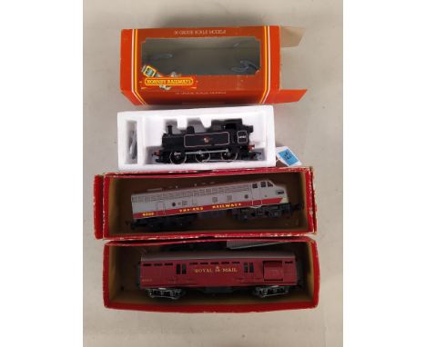 A vintage Hornby engine 47480 (in wrong storage box), a Triang R55 B-B diesel loco T C series (playworn condition) plus a Tri