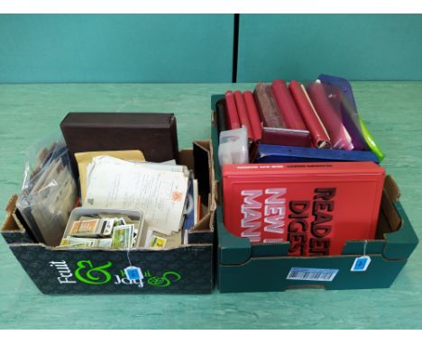 A large box of mixed British and world stamps in part filled albums, loose leaf and container, two part Canadian albums noted