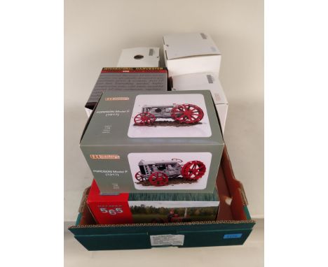 Three boxed Ford tractors, 1927 'F', 1952 '8N' and 1962, a Valmer 565, a SpecCast 450 LP gas tractor and a Ford model F1917