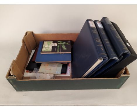 Four folders of first day covers including 2012 torch relay plus three vintage sparsely filled GB and world stamps and loose 