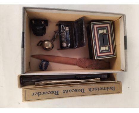 A vintage Dolmetsch Descant recorder plus various small items of interest including 'Owzthat' game, a 'Mullum' electric motor