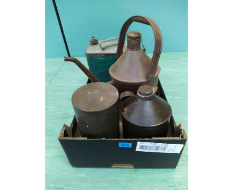 A vintage Esso petrol can, a B R (British Rail?) marked oil pouring can plus two others