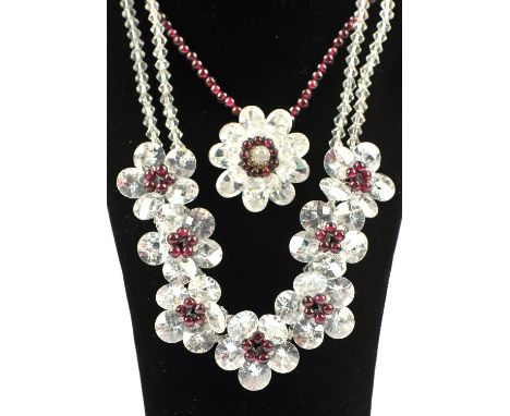 Two Butler and Wilson floral garnet and crystal necklaces, together with a silver garnet ring, ring size PCondition Report:  