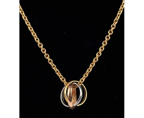 Cartier Trinity pendant, with tricolour interlocking bands in 18 ct, on a Cartier cable chain in 18 ct with safety chain and 