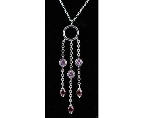 Tiffany necklace, circle motif pendant with pink sapphire drops, on a fine belcher chain, in 18 ct, 41cm in length, with a bo