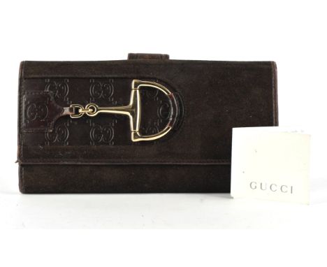 GUCCI ladies bi-fold chocolate brown suede and G-embossed leather purse/pocket book with half snaffle bit detail in gold tone