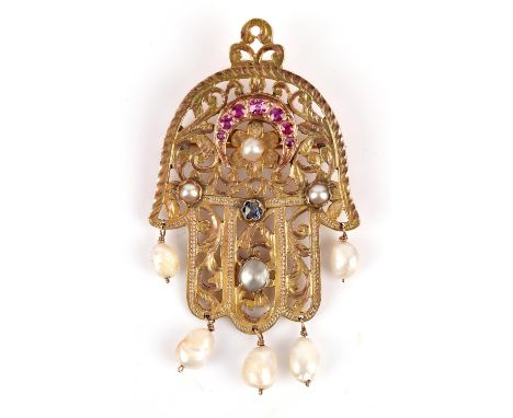 Hand of Fatima brooch, open work hand set with moon motif with round cut rubies, pearls, mother of pearl and central round cu