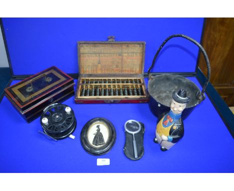 Basket of Collectible; Abacus, Silhouette, Fishing Reel, etc. 