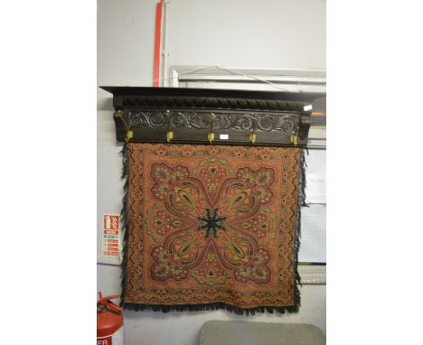 Carved Oak Coat Rack and Tapestry Wall Cloth (AF) 