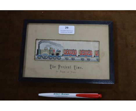 Victorian Stevengraph Framed Silk Picture - The Present Time, Stevenson's Rocket Steam Trains 