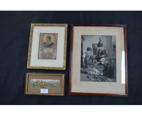Framed Stevengraph Hunting Scene, Silk Picture of Queen Victoria, and a Nursery Scene 