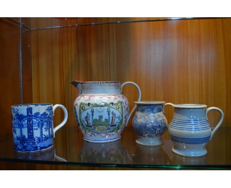 Large Victorian Sunderland Ware Jug Featuring HMS Northumberland, plus Two Lidded Flagons, and a Tankard (some faults) 