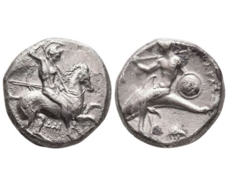 .Calabria,Tarentum. Circa 334-330 BC. AR Nomos. (.). Obv: Nude warrior, wearing helmet, on horseback right, shield on left ar