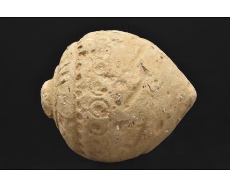 Ca. 900-1200 AD.A "Greek Fire" hand grenade comprising a cream ceramic vessel with a spheroconical body, and a short, squat n