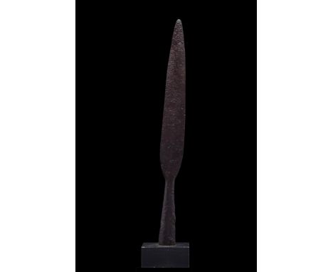 Ca. 100-300 AD.A Roman socketed iron spearhead with an elongated leaf-shaped blade and an integral hollow handle. The army of