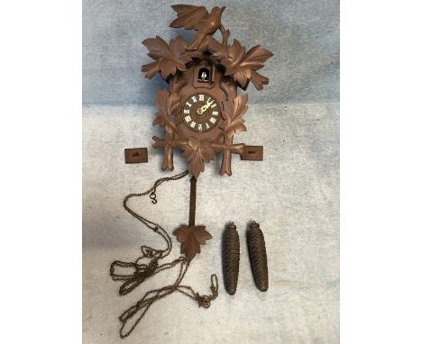 Carved Wooden cuckoo clock with pendulum and weights A/F