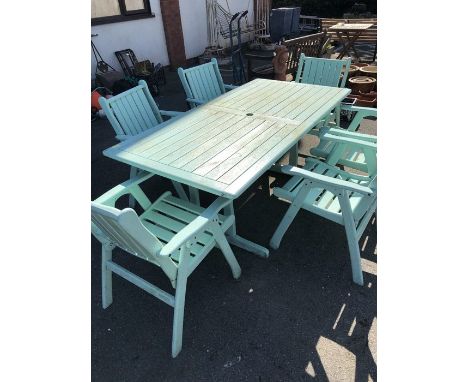 Large painted Garden table and six chairs, one chair A/F