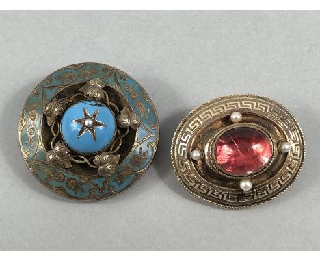 2 x Victorian Memorial Brooches (1) measuring approx: 32mm x 37.9mm across. Central Cabochon Pink foil backed crystal and 4 s