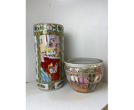 Oriental Pattern Umbrella Stand (Crack to Base) and Planter 