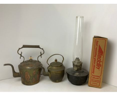2x Brass Kettles and Oil Lamp 