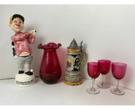 Red Glass Vase and Glasses, Stein and Novelty Musical Golf Decanter 