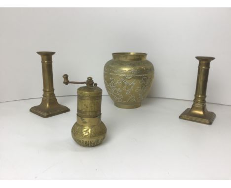 Pair of Brass Candlesticks, Pot and Grinder 