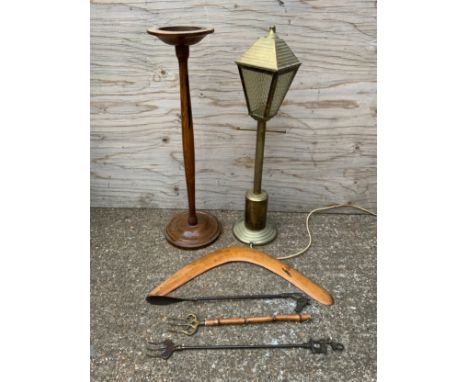 Brass Lamp, Wooden Ashtray, Boomerang and Shoe Horn etc 